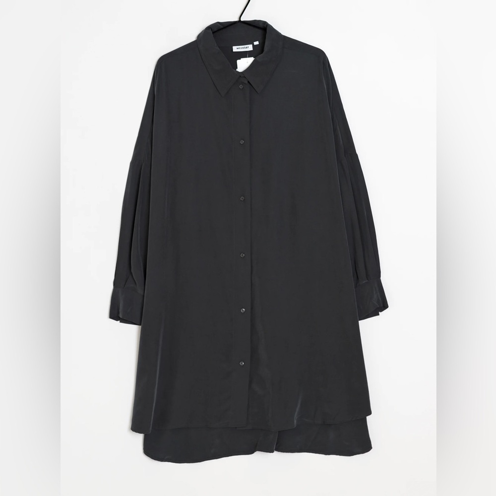 Weekday Black Oversized Shirt Dress XS Minimalist Button Front Long Sleeve Modal